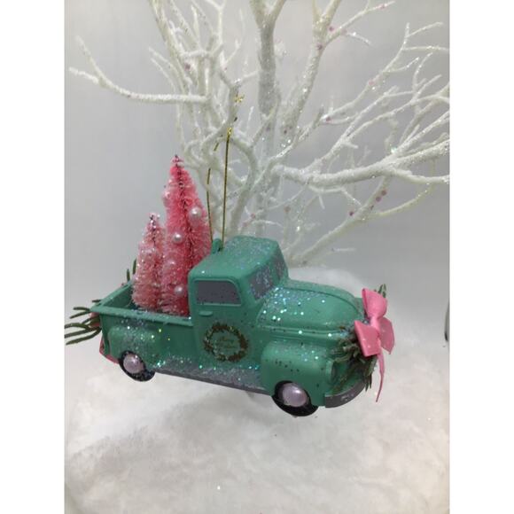 Farmhouse Truck Christmas Ornament -Green Pink Bottle Brush Trees Hand Decorated - Picture 7 of 11